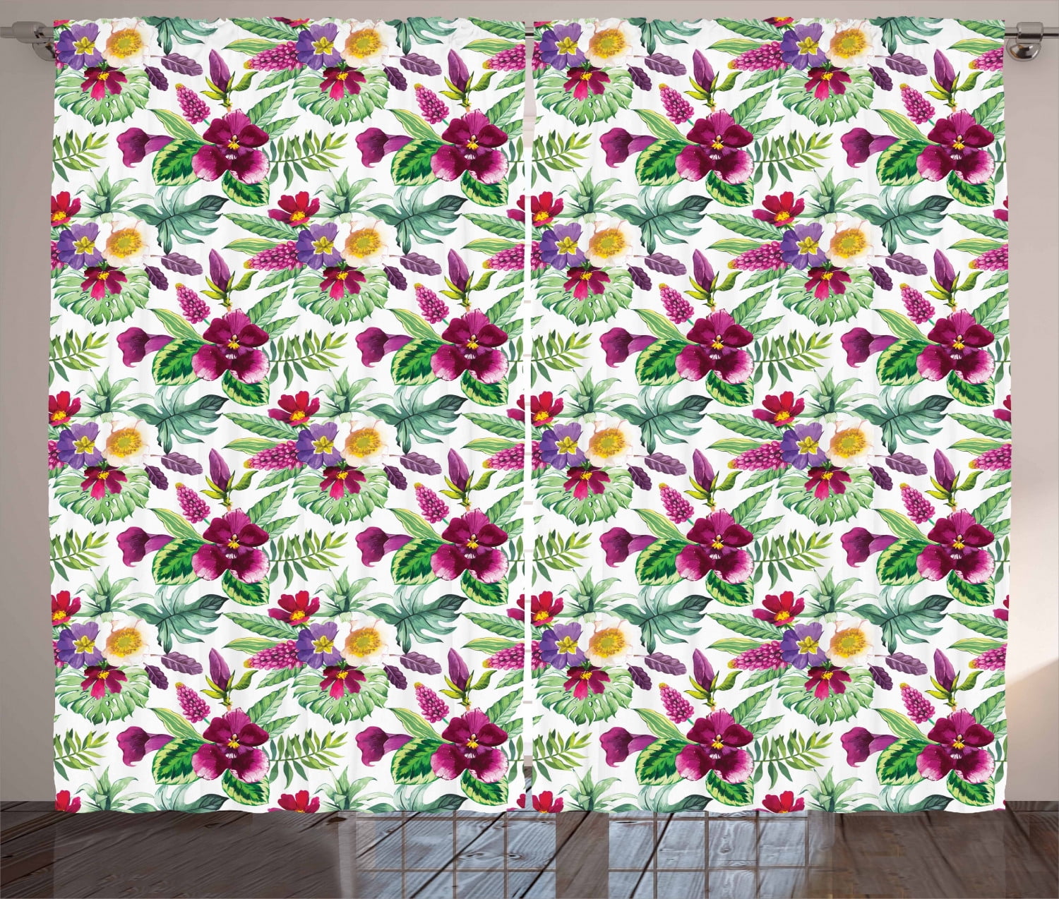 Orchids Curtains 2 Panels Set, Aquarelle Artwork Print Composition with