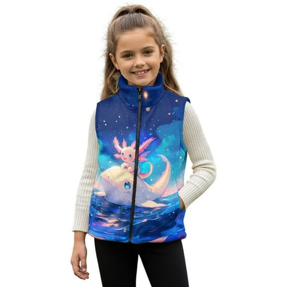 Uorisanigo Girls Boys Zippered Vest Puffy Fleece Jacket Fashion Fall Winter Clothes Sleeveless Full Zip Cute Whale Axolotl Outwear Soft and Comfortable Jacket Vest 2-12 Years