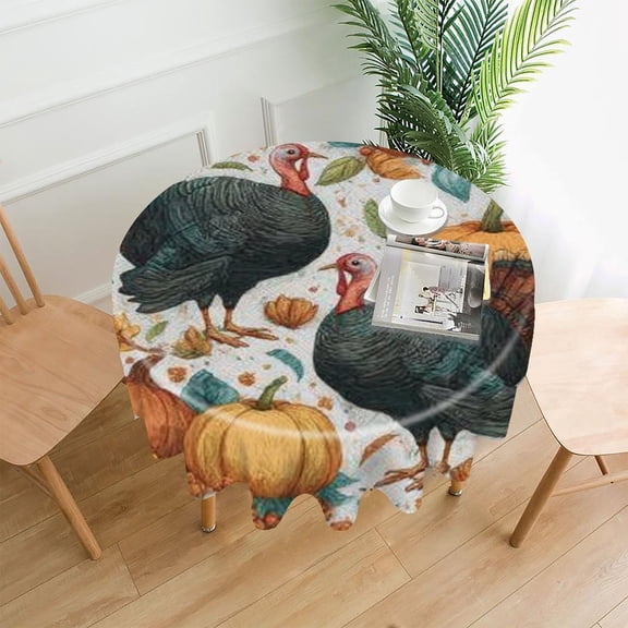 RKSupls 60 Inch Round Tablecloth, Turkey Pumpkin Autumn Premium Polyester Straight Edge Wrinkle Resistant Washable Table Cover for Party Home Dining Decor