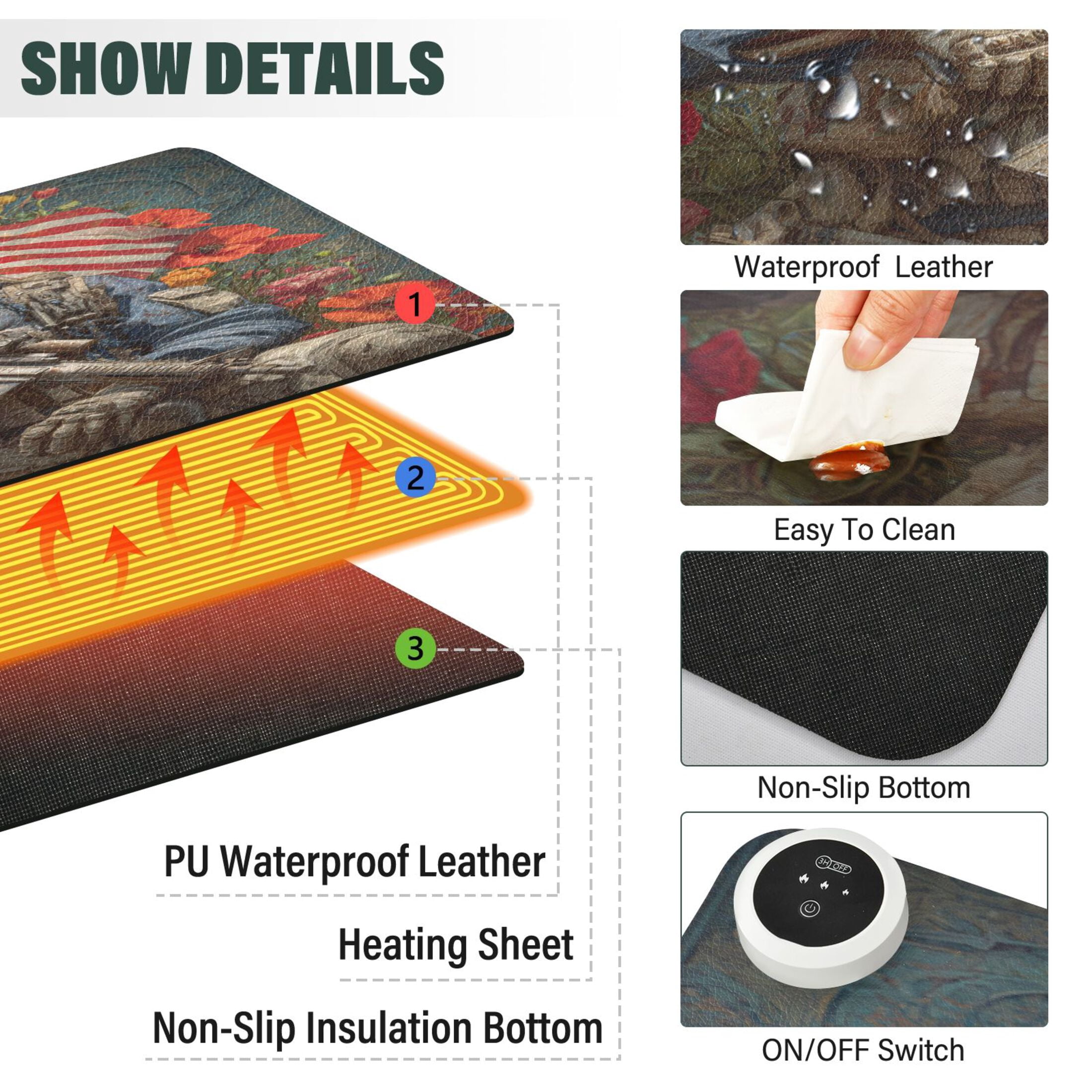 Large Heated Desk Mat Mouse Pad 31.5"x13"PU Leather Graphene Heating Desk Warmer with 3 Temperature Settings 110V US Plug Non-Slip Warm Pad for Home, Office, and Gaming Soldier Skull and Flowers