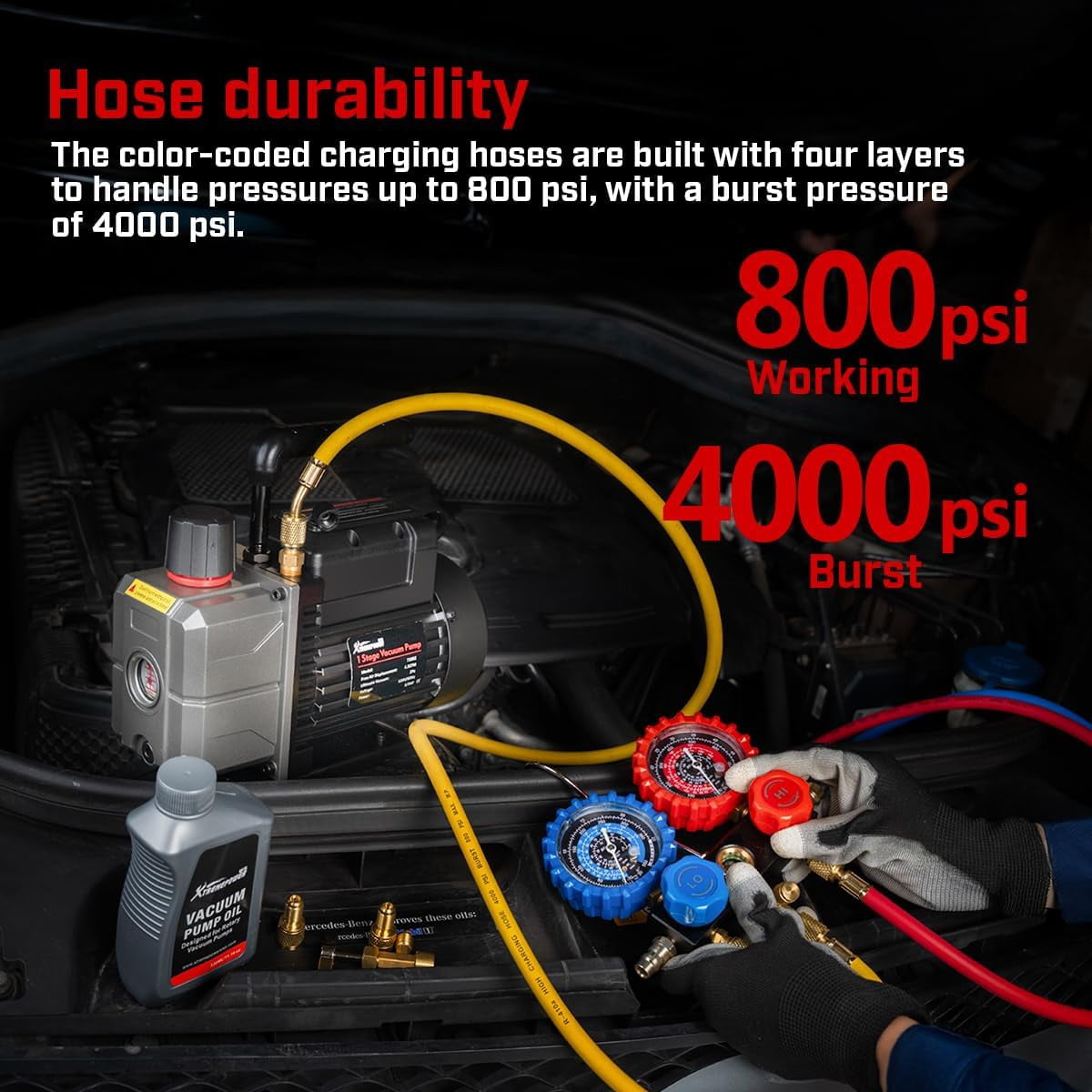 XtremepowerUS 3.5 CFM Vacuum Pump & Manifold Gauge Set, 1/3 HP HVAC Refrigerant Service Kit with Hoses & Can Tap