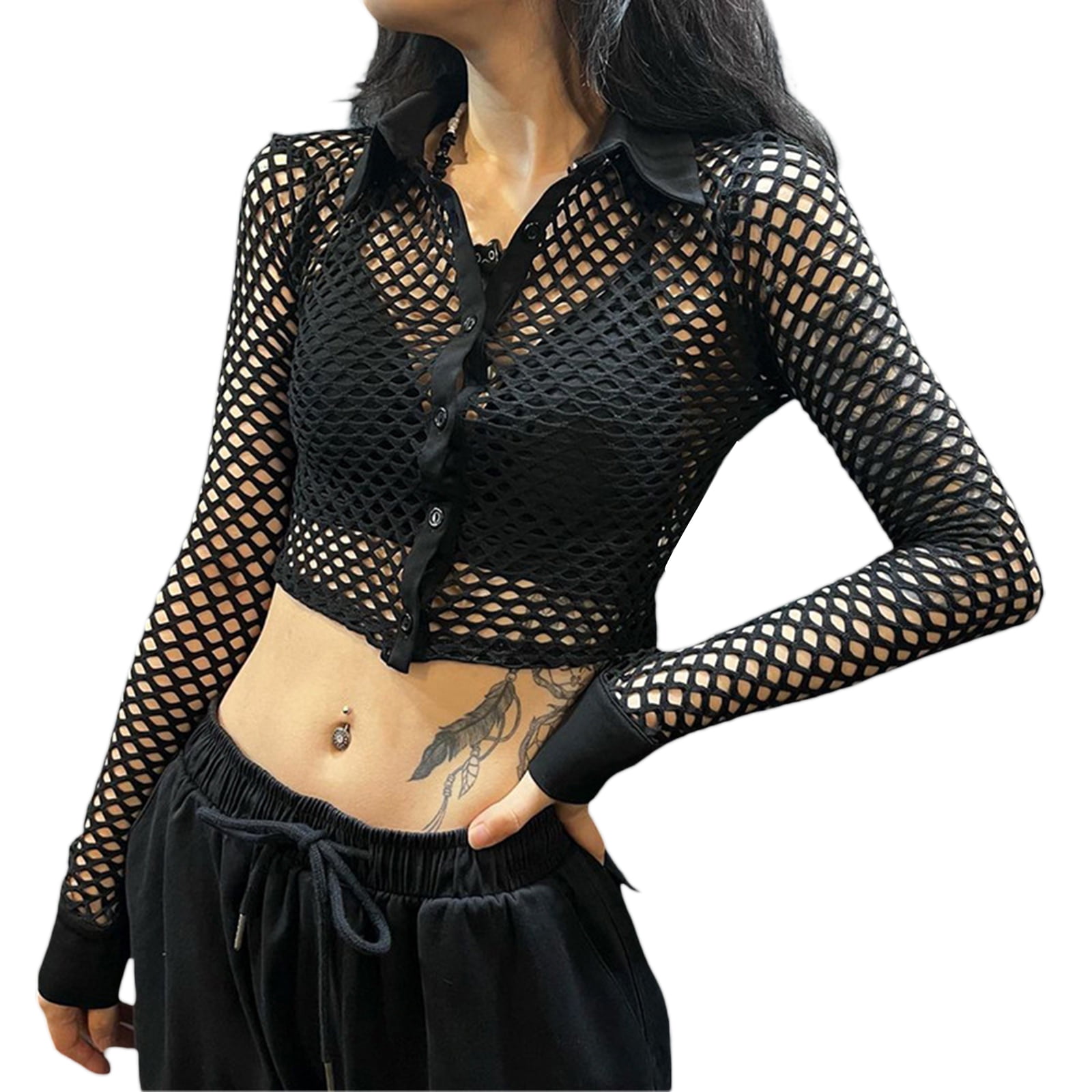 black fishnet crop top long sleeve