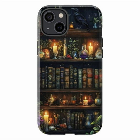 Witchy Dark Academia Phone Case | Magical Bookshelf with Candles, Potions & Raven | Compatible with iPhone 16 15 14 13 12 11 Pro Max