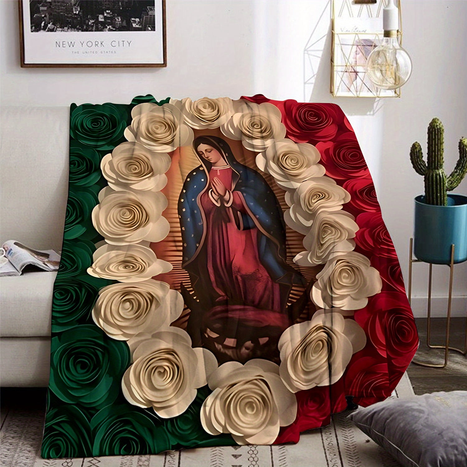 Virgin Mary Rose Blanket Soft Flannel Throw with Our Lady of Guadalupe Design Green & Red Roses Perfect for Sofa Bed Car Office Camping Travel All-Season Gift