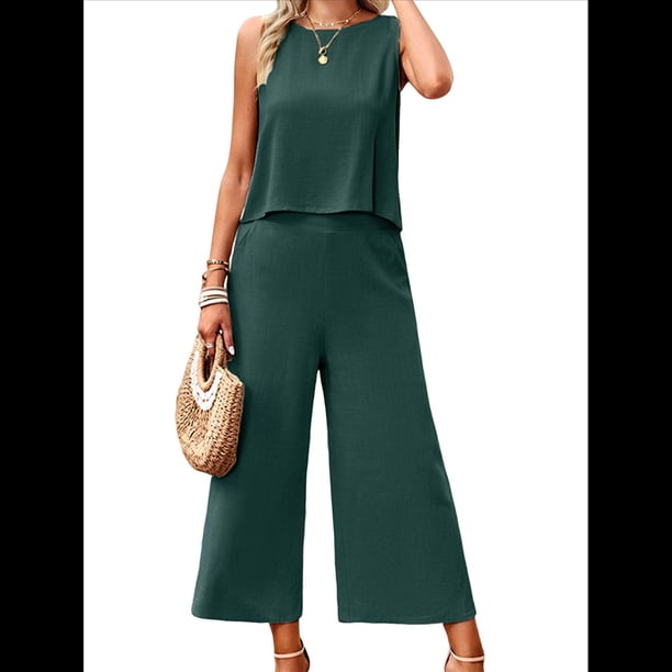 Conjunto de Dos Piezas de Verano para Mujer: Top Corto Sin Mangas con Cuello Redondo y Pantalones Anchos con Bolsillos. Azul Oscuro S