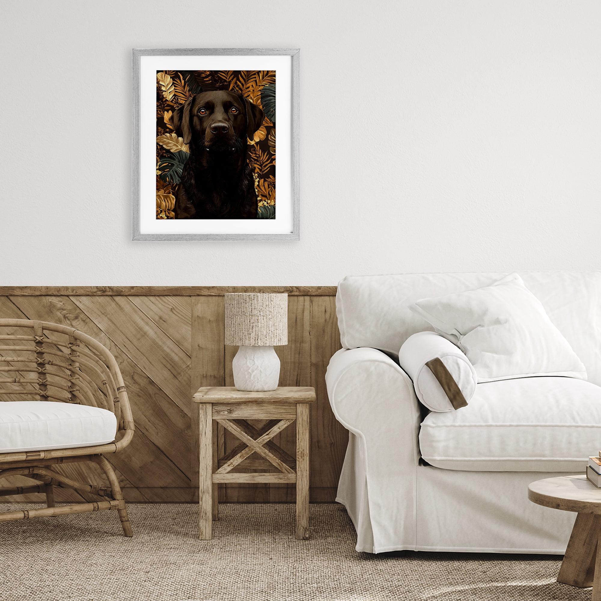 Stupell Industries Labrador with Golden Leaves Gray Framed Print Under Glass, design by Creative Studio