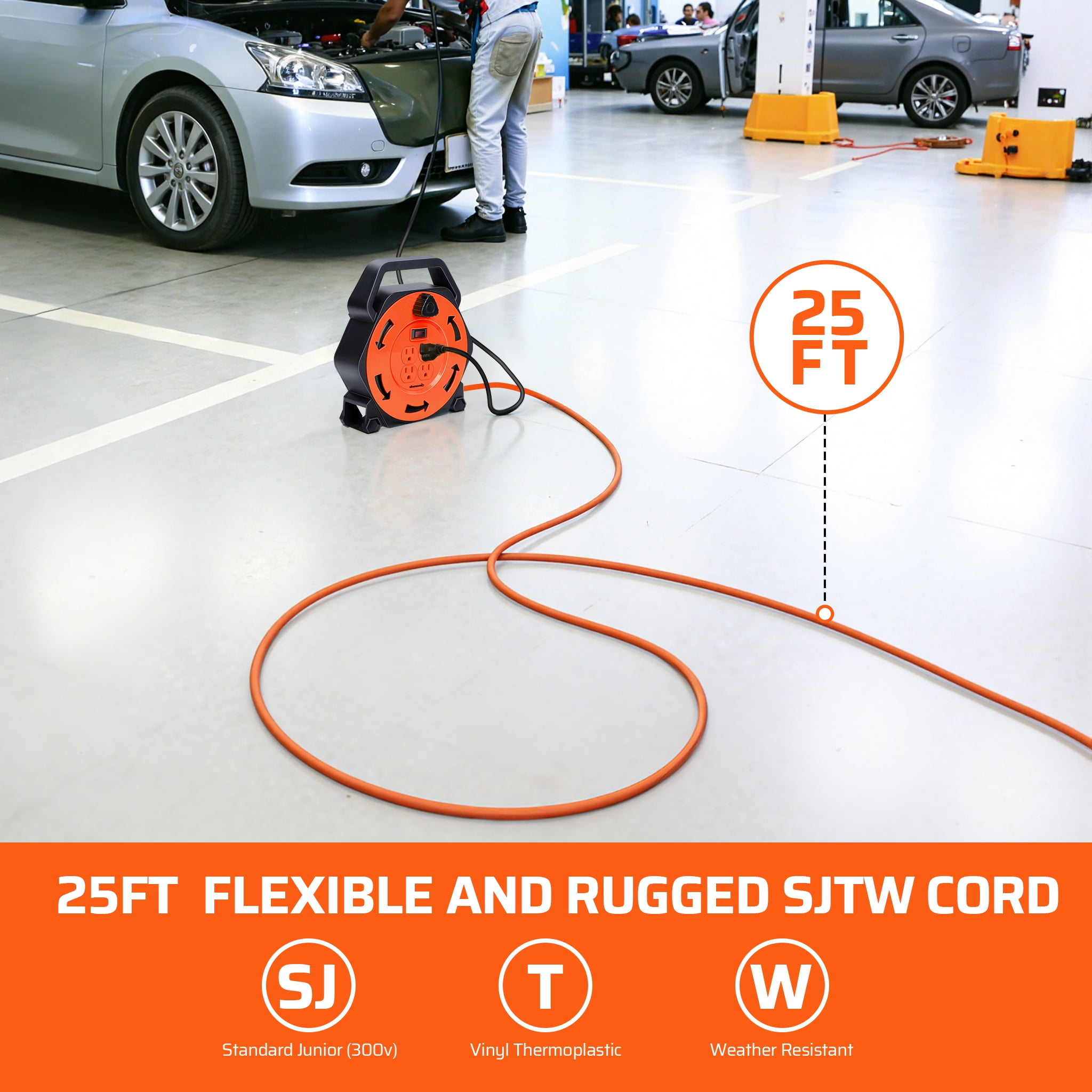 DEWENWILS 25ft Heavy-Duty Cord Reel 13A 125V 16AWG SJTW Orange Reel with On/Off Switch & Circuit Breaker