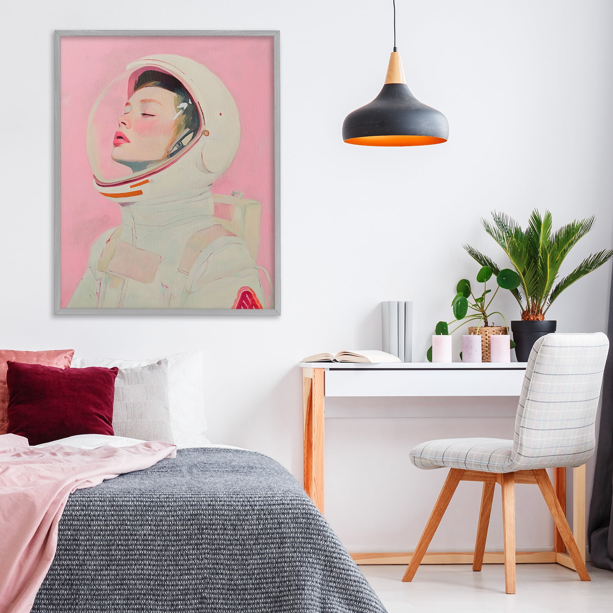 Stupell Industries Pink Astronaut Girl Gray Framed Giclee Art, design by The Prints Vibe