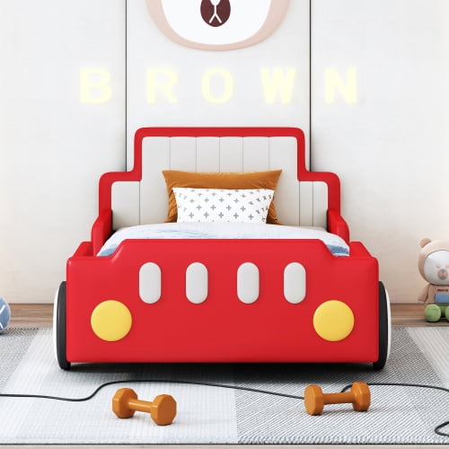 Twin Size Race Car Shaped Platform Bed with Wheels and Safety Rails, Red