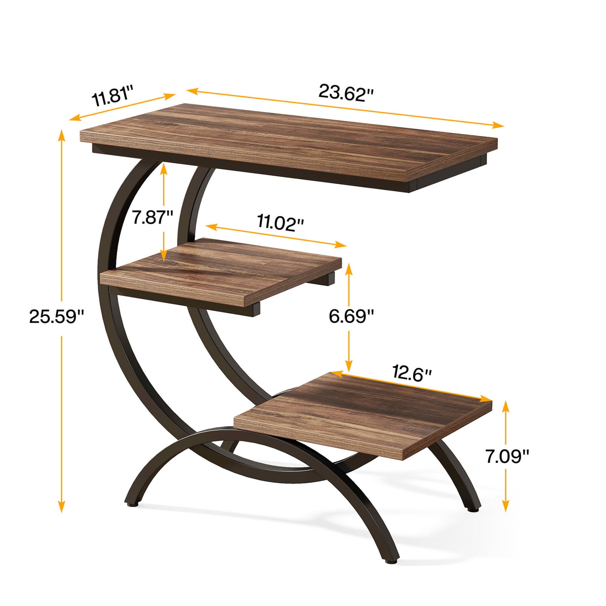 MAYEERTY C-Shaped 3-Tier Industrial End Table, Rustic Brown Particle Board Black Metal Frame Adjustable Feet Small Space Side Table