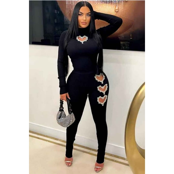 Sexy Rhinestone Decor Cut-Out Two Piece Legging Set (S, Black)
