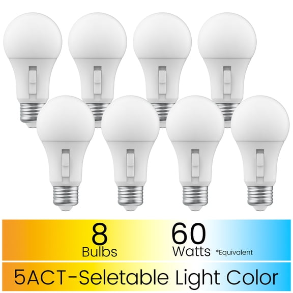 Great Value 5CCT Adjustable A19 LED Light Bulbs, 9-Watt (60W Equivalent) Dimmable E26 Base (8 Pack)