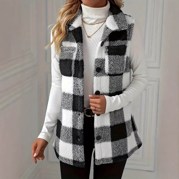 YFNNUP Plaid Fleece Vest for Women Sleeveless Fuzzy Jacket Button Down Sherpa Vest Winter Warm Coat Outerwear Black,XL