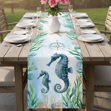 Ocean Marine Life Seahorse Nautical Compass Table Runner 90 Inches Long Kitchen Dining Tablerunners Blue Linen Table Runners Dresser Scarves for Home Dinner Wedding Holiday Party Decor