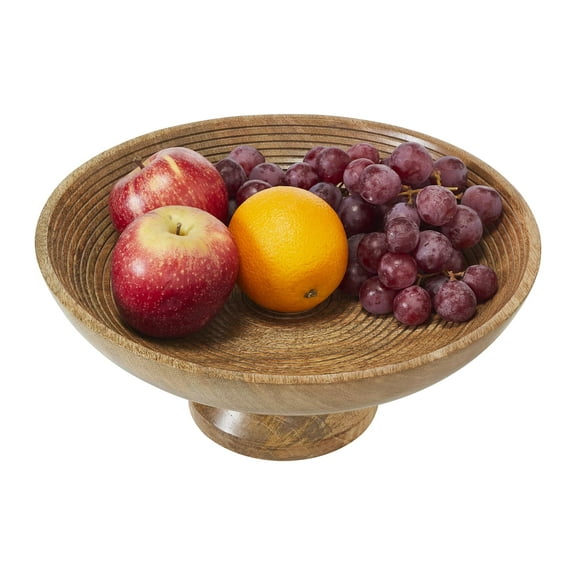 VHC Brands Ribbed Natural Wooden Fruit Bowl 5.5x12x12, Kitchen Decor, Decorative Wooden Pedestal Bowl, Perfect Centerpiece for Table, Island, or Counter