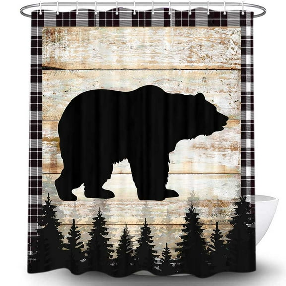 Black Bear Shower Curtain Rustic Wooden Plank Black and White Square Bathroom Curtain Decoration, Waterproof Polyester Fabric with 12 Hooks, 69 x 70 inch