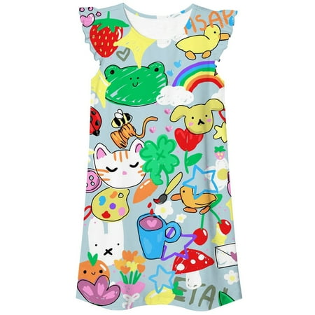 HOWPAY Girls Dresses Summer Short Sleeve A Line High Waist Flowy Sundress Loose Fit Vintage Stretch Oversized Causal Clothes Multicolour
