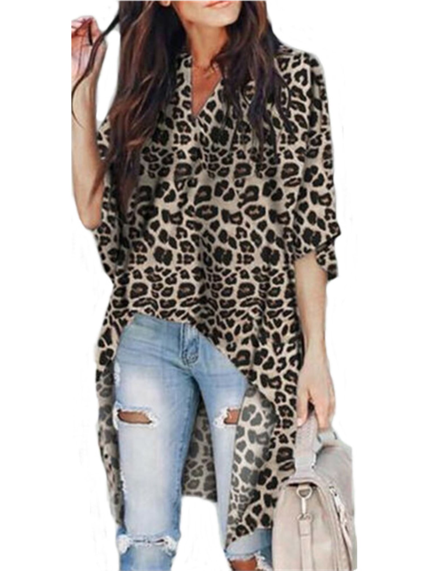 EYIIYE Women V Neck Ladies Leopard Print Chiffon Loose T Shirt Tops