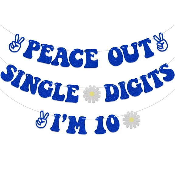 Peace Out Single Digits I'm 10 Banner - Boho Happy 10th Birthday Decorations for Boys, Double Digits 10, 10th Birthday Party Decoration Supplies Blue Glitter
