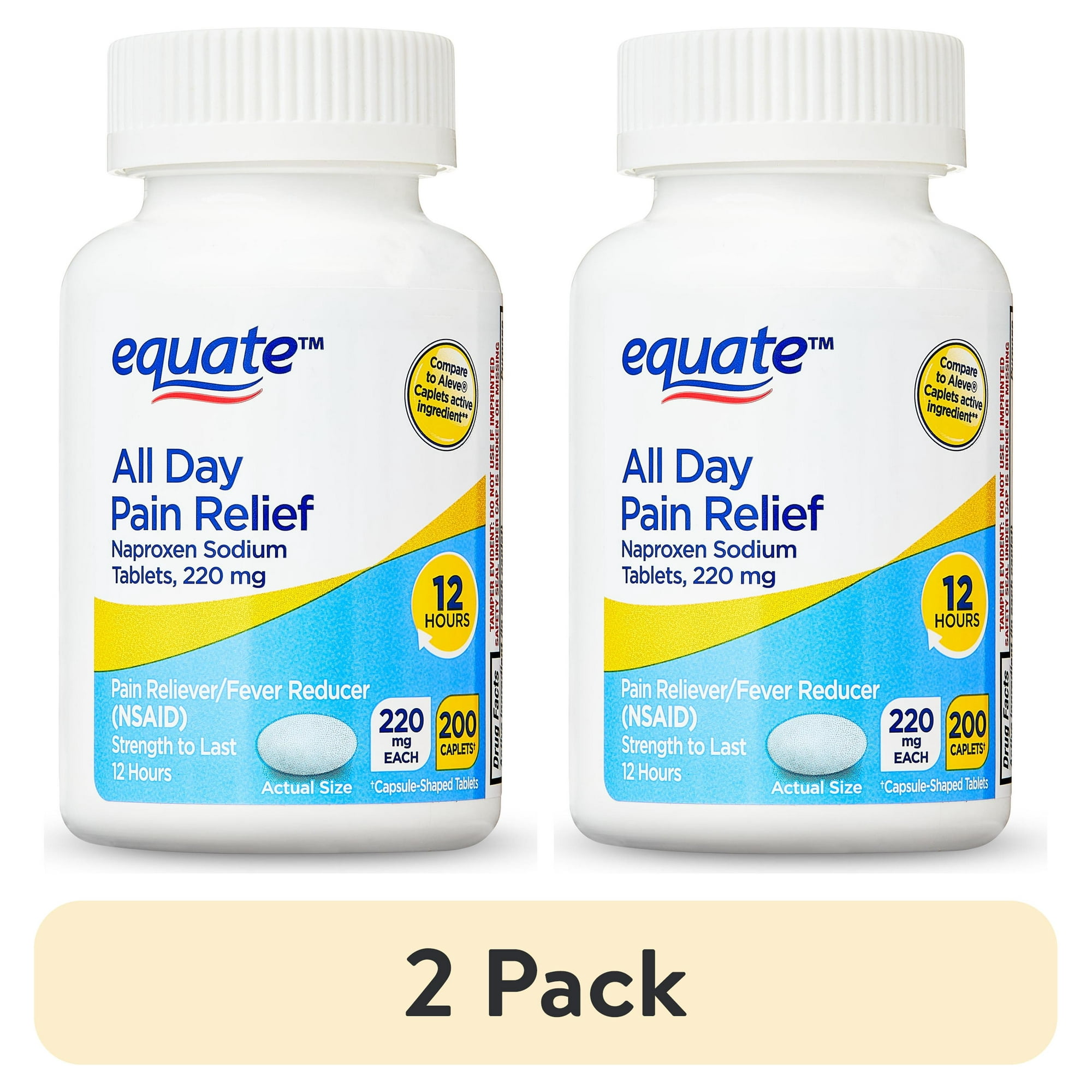 (2 pack) Equate All Day Pain Relief Naproxen Sodium Caplets, 220 mg, 200 Count, Compare to Aleve® Caplets Active Ingredient