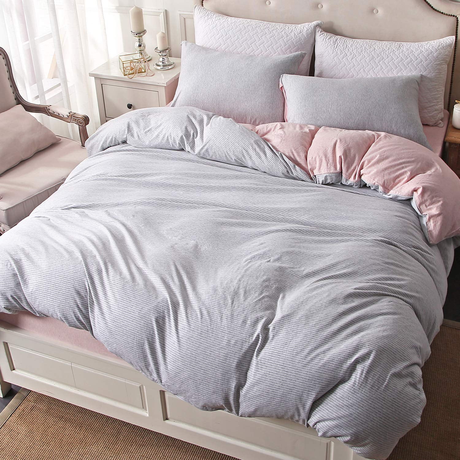 PURE ERA Duvet Cover Set - Ultra Soft Heather Jersey Knit Cotton Home Bedding Narrow Pinstripes 