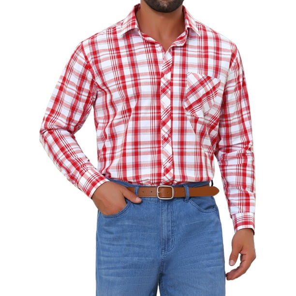 CAMISA DE VESTIR DE MANGA LARGA A CUADROS PARA HOMBRE INSPIRAR CHIC, CON COLLAR PUNTA Y BOTONES, TALLA XL, ROJO Y BLANCO