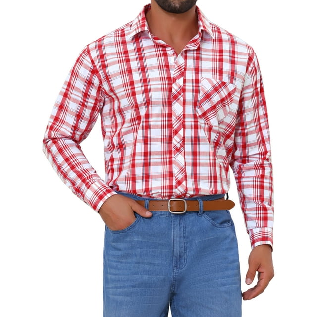 CAMISA DE VESTIR DE MANGA LARGA A CUADROS PARA HOMBRE INSPIRAR CHIC, CON COLLAR PUNTA Y BOTONES, A CUADROS ROJO Y BLANCO
