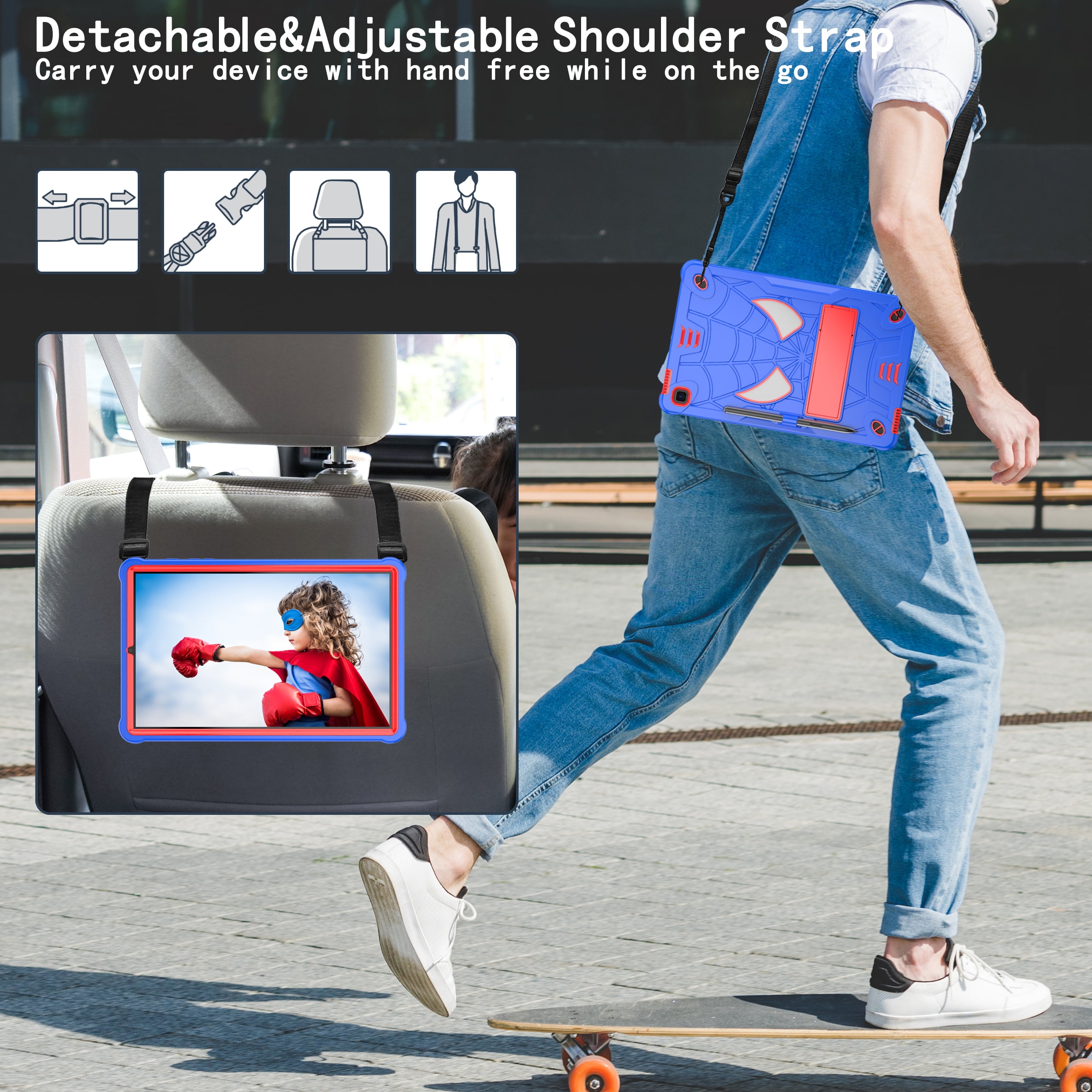 Dteck for iPad Air 5th/4th Gen Case iPad Pro 11 Case 2022/2021/2020/2018 with Pencil Holder, Heavy Duty Hybrid Shockproof Rugged Kids Case with Kickstand Crossbody Shoulder Strap,Blue+Red