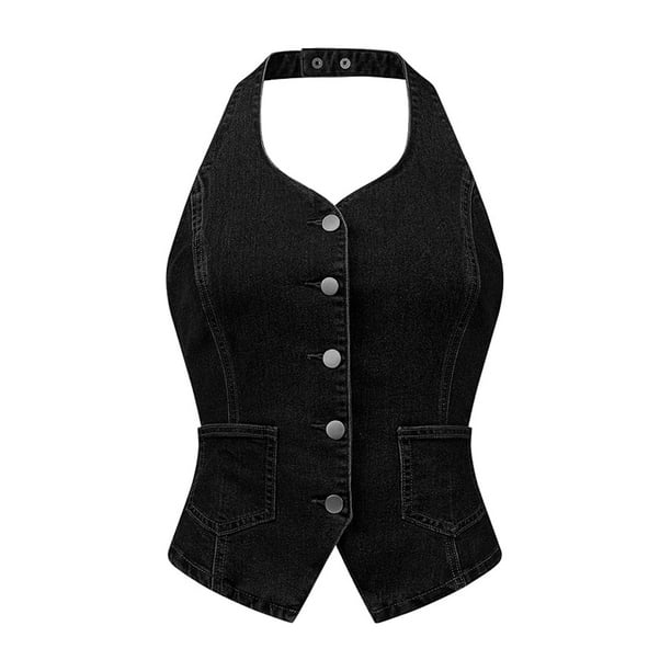 Chaleco de mezclilla sin mangas para mujer INSPIRE CHIC, con botones y espalda descubierta, talla M