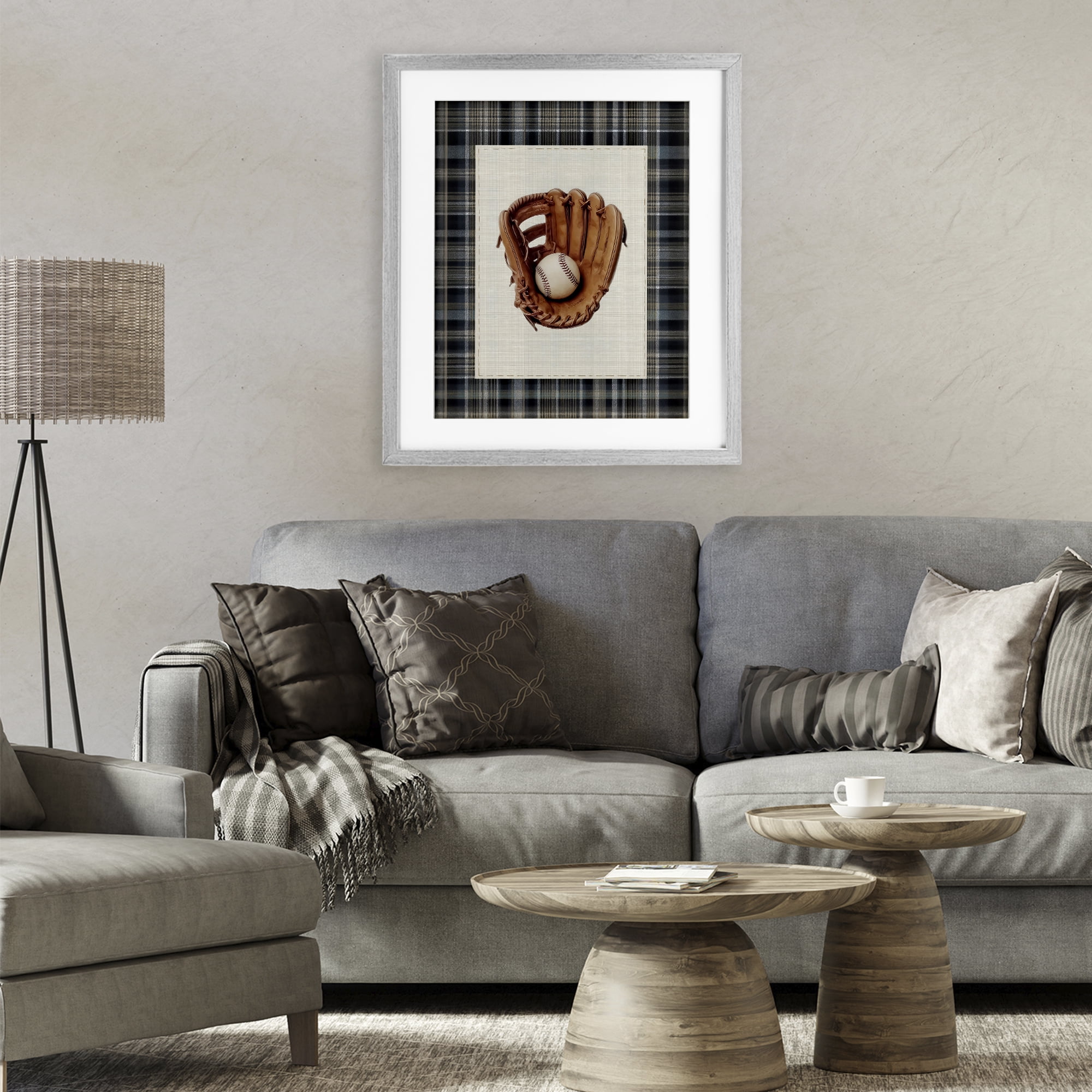 Stupell Industries Baseball Glove with Plaid Gray Framed Print Under Glass, design by Arlington Prints