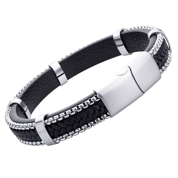 555Jewelry Black Braided Genuine Leather & Steel Magnetic Clasp Bracelet for Men, Silver Clasp, 7.5 Inch