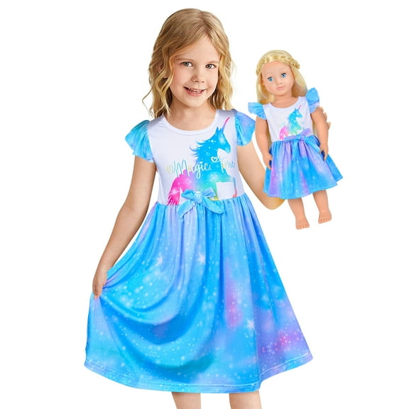 Doll and Girl Matching Nightgown Unicorn Outfit Princess Pajamas Night Dress for Girls and 18" Dolls Clothes