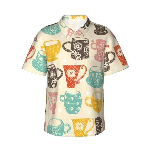 Balery Vintage Cup Camisas hawaianas de manga corta para hombre, camisas playeras de corte holgado, camisas de vacaciones con botones,X-Large