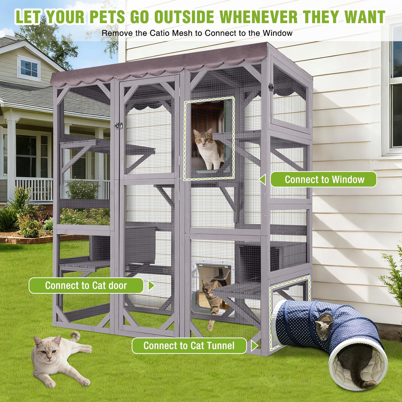 Aivituvin 70" Walk-In Outdoor Catio, Large Wooden Cat House with 7 Climbing Platforms and 2 Resting Boxes, White/Gray