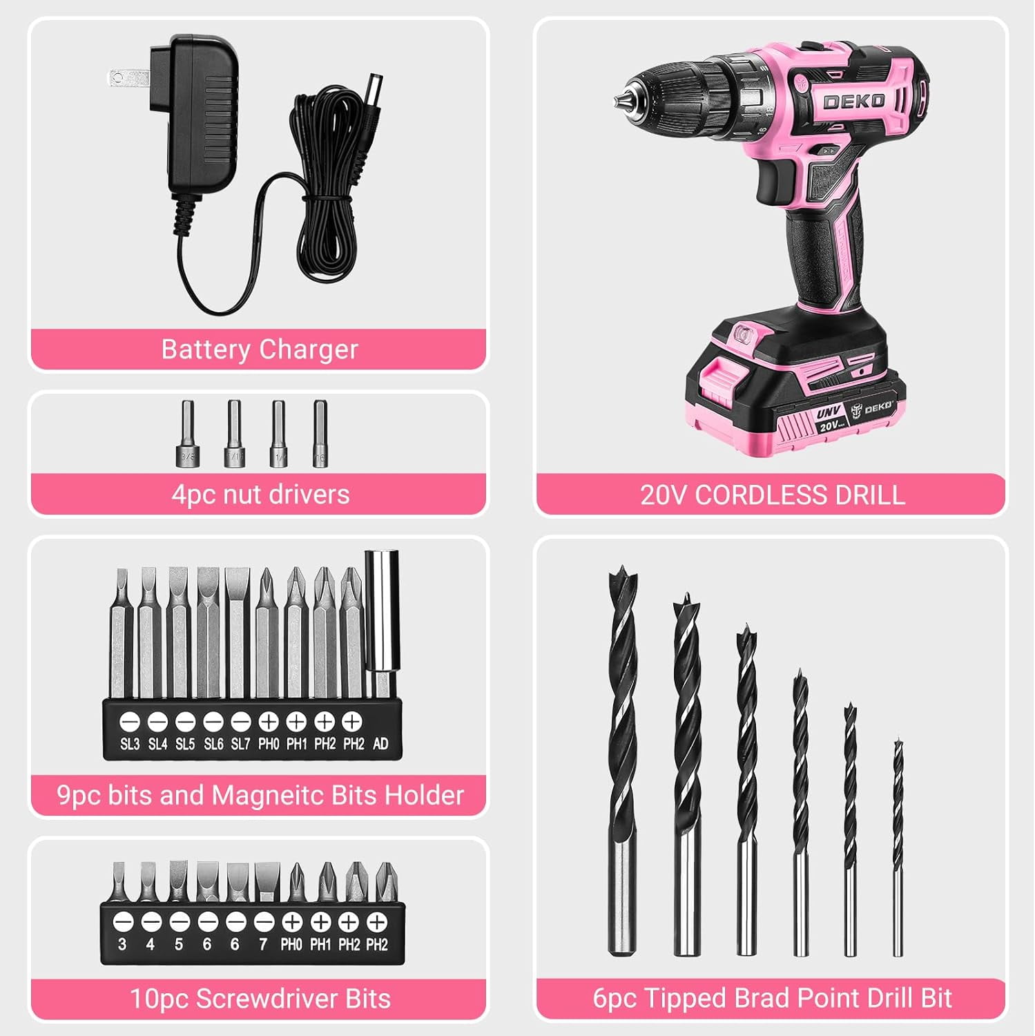 Power Drill Cordless: DEKO PRO Pink Cordless Drill 20V Electric Power Drill Set Tool for Women Drills Cordless with Battery and Charger Drill Driver 20 Volt Drill Driver Kit