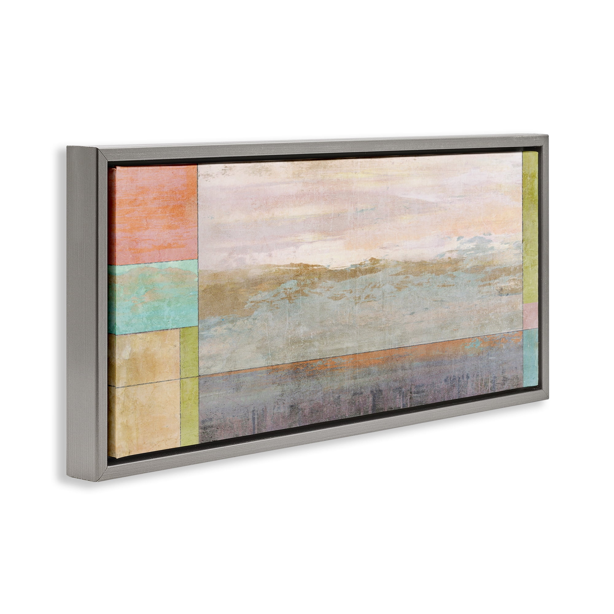 Stupell Industries Landscape & Geometric Border Landscape Painting Gray Floater Framed Canvas Art Print Wall Art, 31 x 14