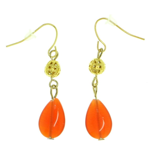 Drop Dangle Earrings With Faceted Coral Colored Bead Accents Gold-Tone