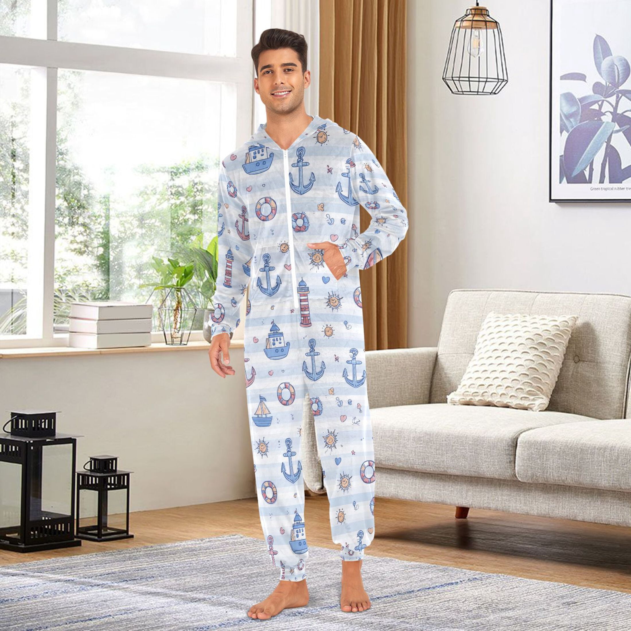 Adult Christmas Onesie Anchor and Lighthouse Adult Zipper One-Piece Pajamas Unisex Pajamas with Pockets