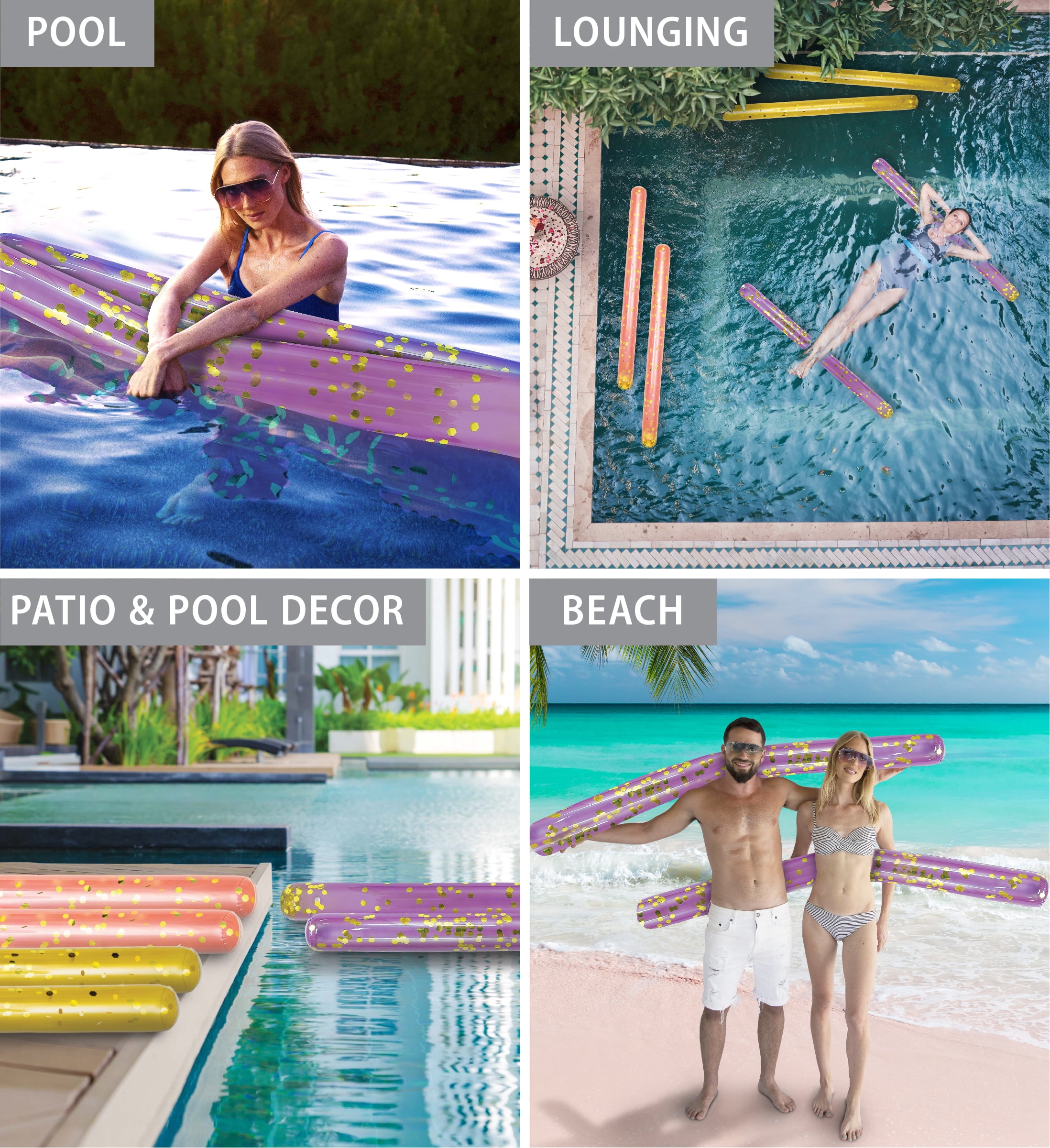 POZA 2 Pack Jumbo Inflatable Pool Noodle Floats - 74-inch Premium Luxurious Giant Pool Noodle Inflatable Floats, Sparkle Gold Glitter Confetti Float for Ocean, Lake, or Beach
