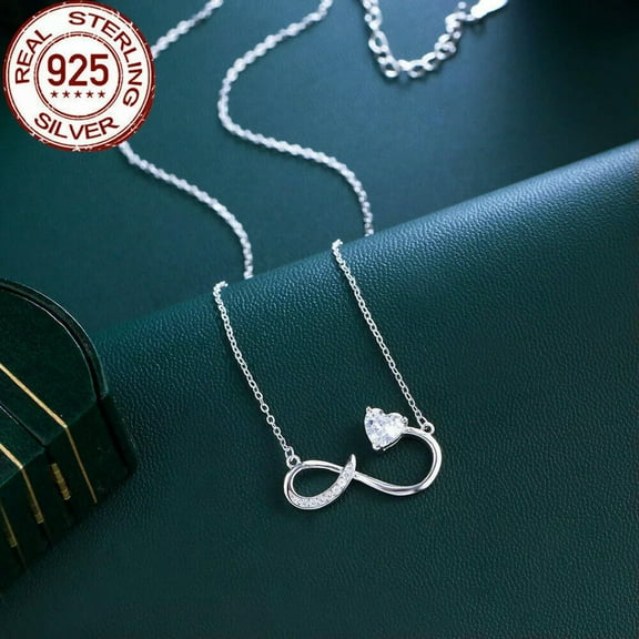 Solid 925 Silver Infinity Symbol CZ Big Heart Chain Link Necklace Women Jewelry