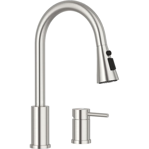2 Holes Kitchen Faucet, Two Holes Stainless Steel Brushed Nickel Kitchen Sink Faucet with Side Single Handle & Pull Down Sprayer 3 Modes 2 Pieces