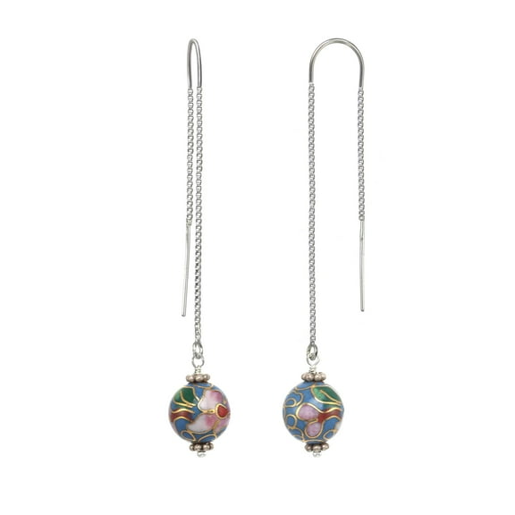 Sterling Silver Box Chain Threader Earrings made with Light Blue Cloisonné Beads and Silver Rondelles