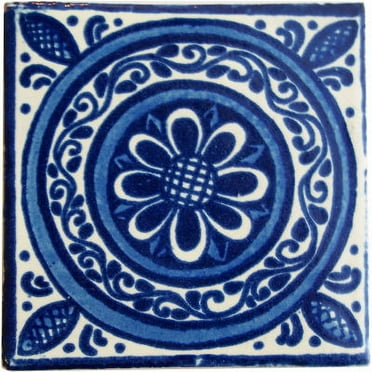 4.2x4.2 Blue Target Talavera Mexican Tile, Set of 9 pcs