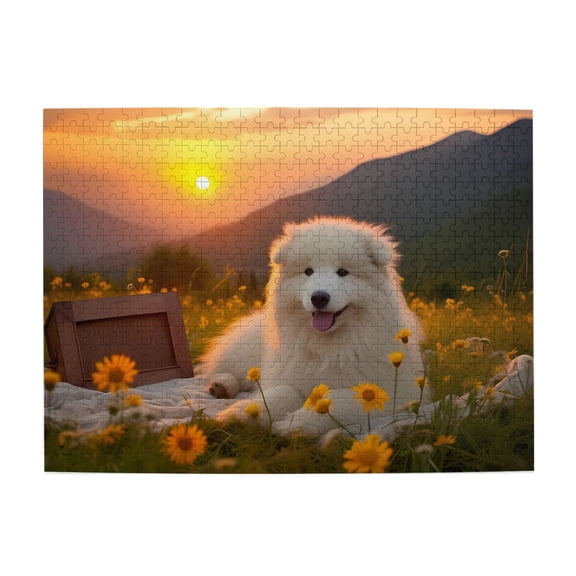 500-Piece Wooden Jigsaw Puzzle for Adults - Samoyed Dog Sunset Meadow , Fun & Challenging Brain Teaser, Stylish Home Decor & Unique Gift