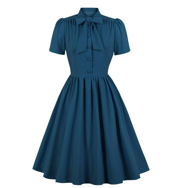 Women's Short Sleeve Tea Party Dress Bow Tie Collar Solid Pleated Swing