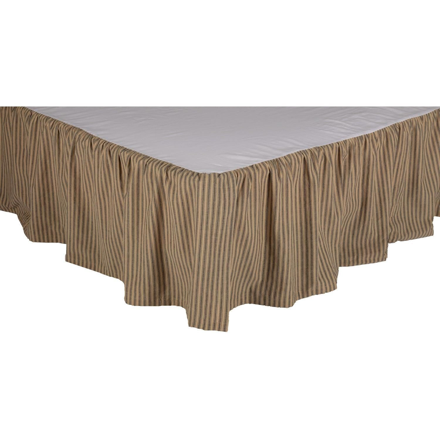 VHC Brands Farmhouse Star Ticking Striped Cotton Primitive Split Corners Gathered King Bed Skirt, Charcoal Black
