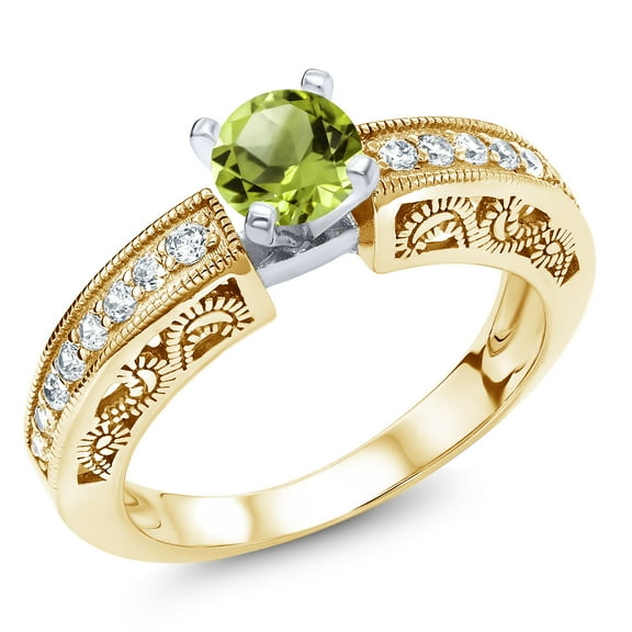 Gem Stone King 1.59 Ct Round Green Peridot 18K Two-Tone Plated Sterling Silver Ring (Size 7)