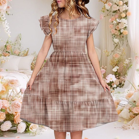 ATOGUTA Girls Dresses Summer Ruffle Sleeve A Line Casual Party Dresses for Kids Size 5T-14, Brown