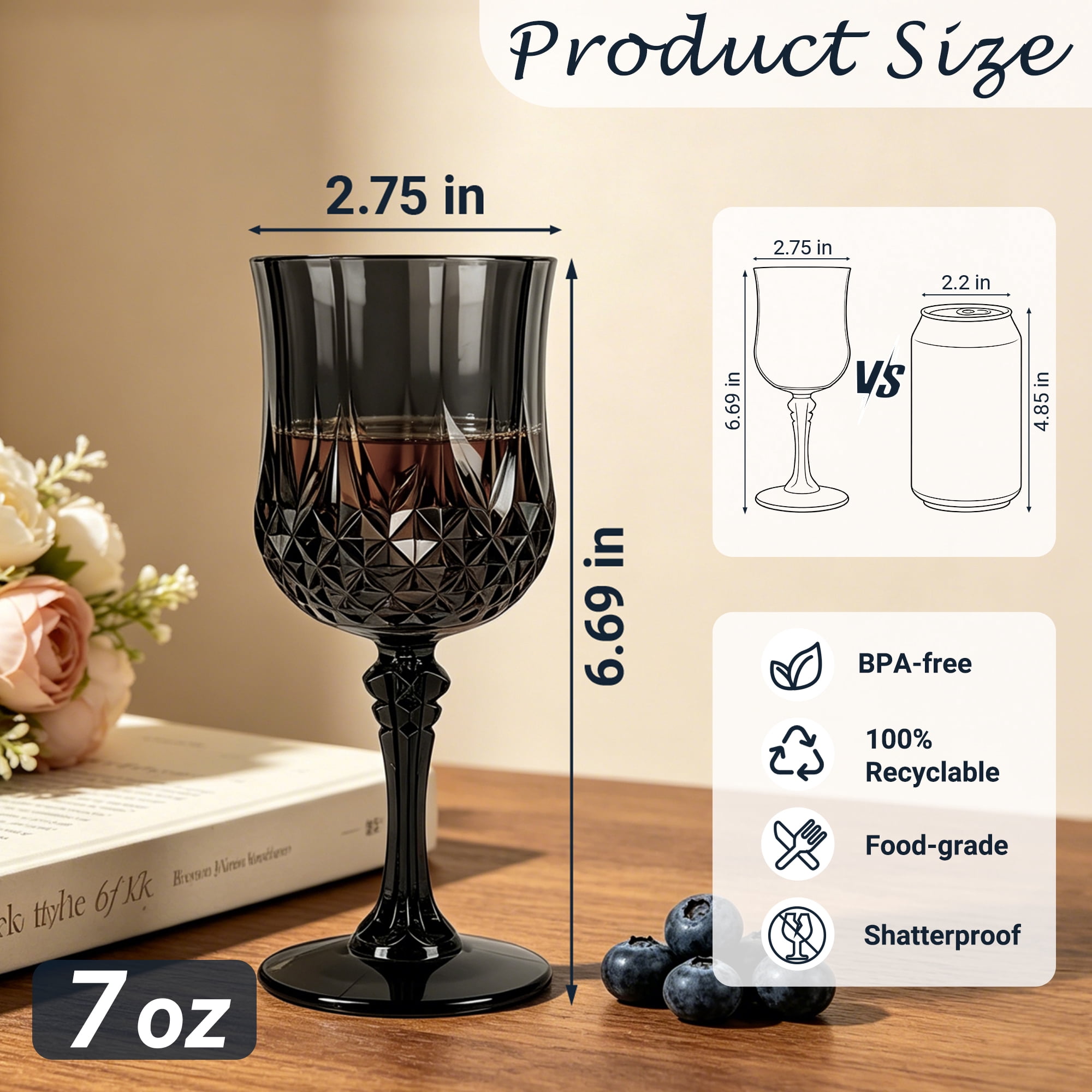 ZHURUININ Reusable  Plastic Wine Glasses，Black，7oz，24Pack