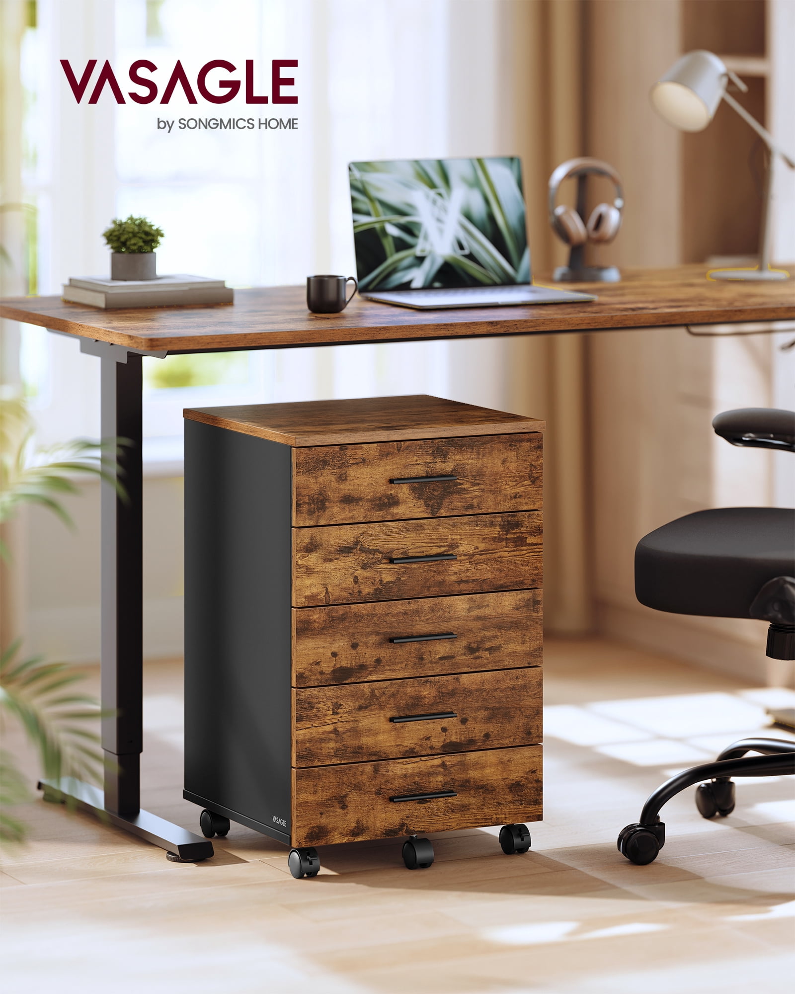 VASAGLE File Cabinet, Mobile Pedestal Filing Cabinet with Wheels, Printer Stand with 5 Drawers, Tool-Free Sliding Rails, Rustic Brown